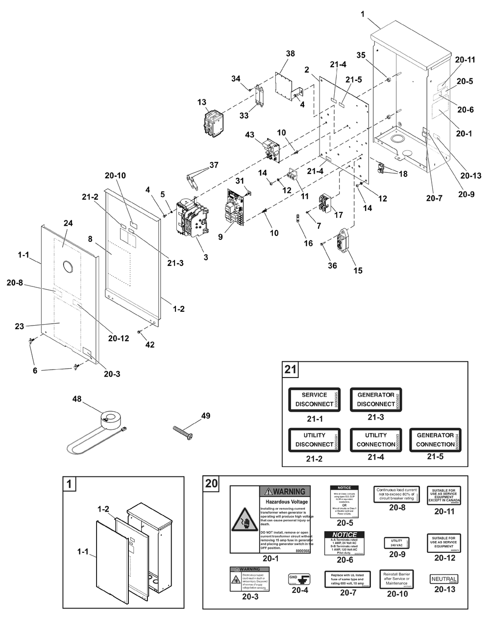 Transfer Switch - Hingeless Enclosure Diagram and Parts List for 071048-01  Briggs and Stratton Generator